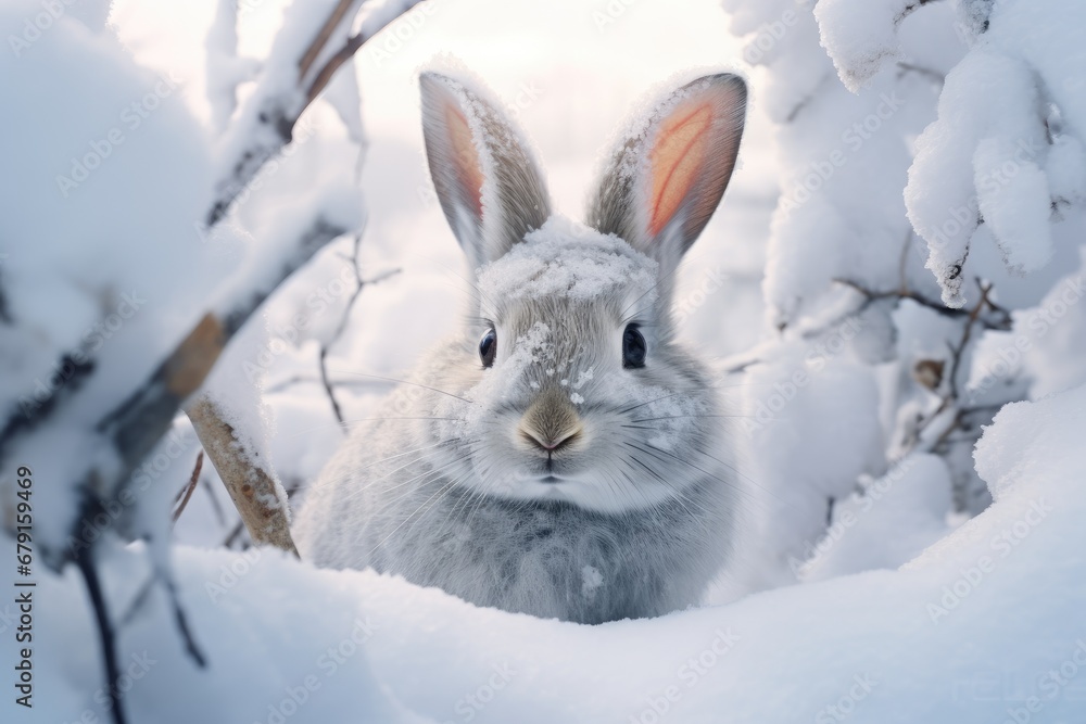 Little hare in winter coat. Single cute arctic hare with white fur sitting on clean and bright white snowfield. Beautiful snowy polar scenery. Banner with wild animal in nature habitat Little hare in winter coat. Single cute arctic hare with white fur sitting on clean and bright white snowfield. Beautiful snowy polar scenery. Banner with wild animal in nature habitat