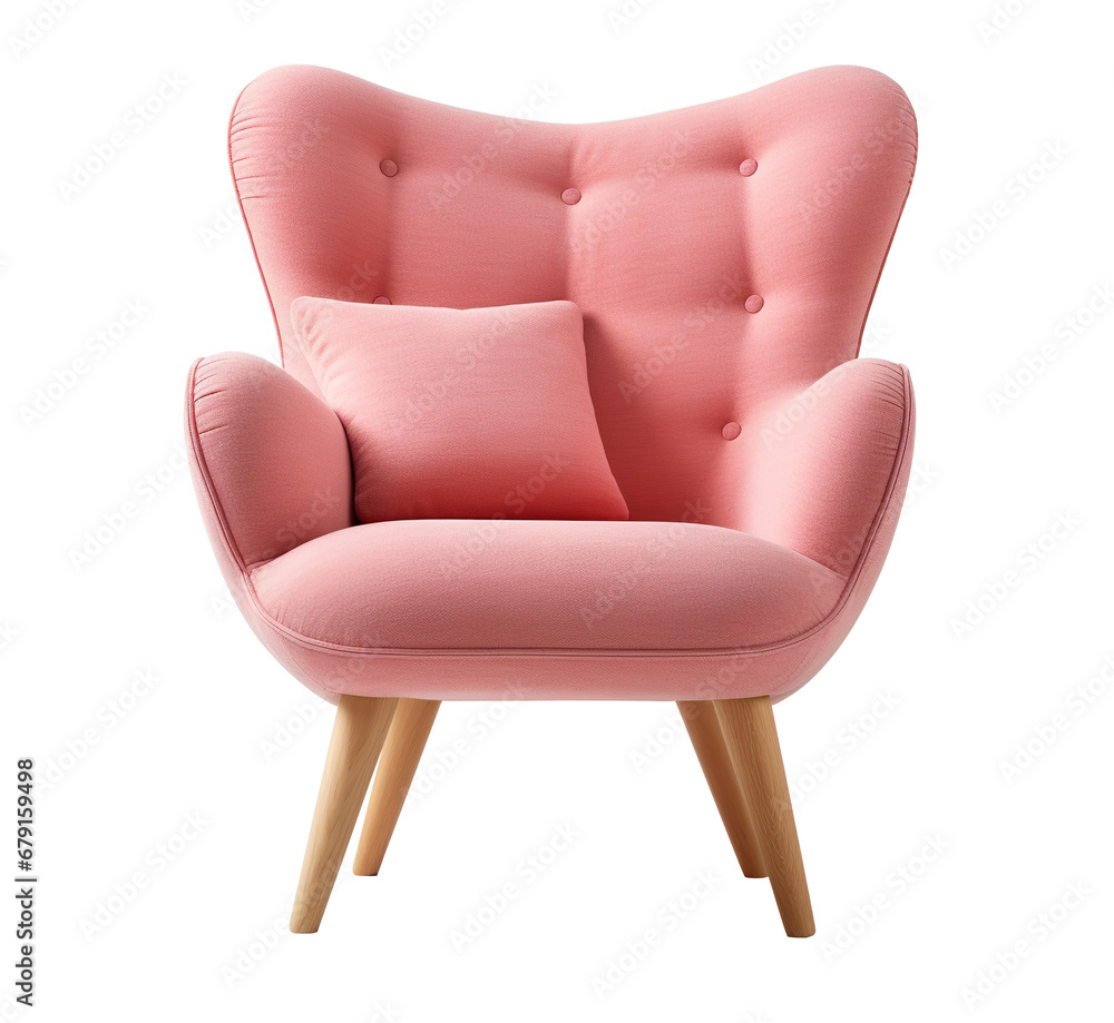 Fototapeta premium Stylish Scandinavian-style armchair with plush, pink upholstery, wooden legs, perfect for modern home interior. Lounge chair on transparent background. Cut out furniture. Front view. PNG