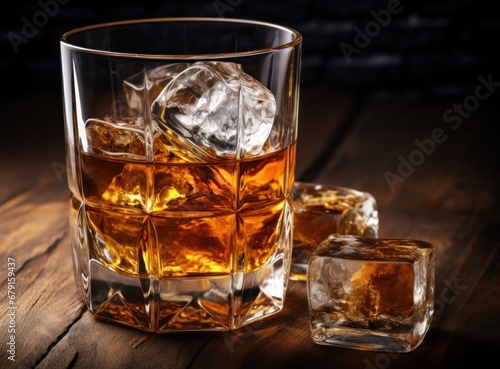 whiskey glass with ice cubes