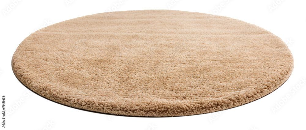 High-quality, plush beige round carpet with a detailed soft texture, perfect for modern home interiors, on transparent background. Cut out home decor. Front view. PNG - obrazy, fototapety, plakaty 