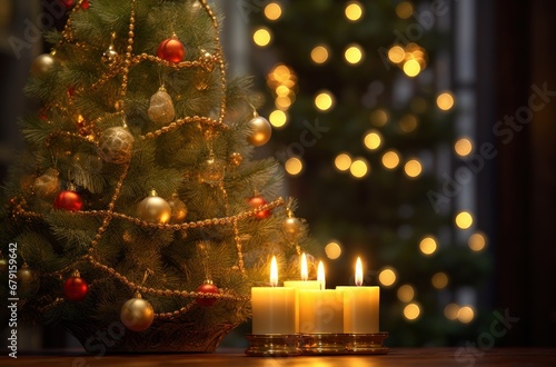 some candles and lights on a christmas tree