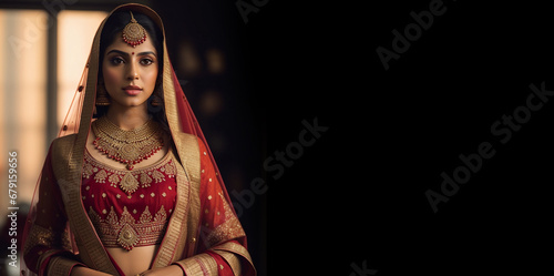 Magnificent young Indian bride in luxurious bridal costume with makeup and heavy jewellery with classic vintage interior in studio lighting.  Generative AI.