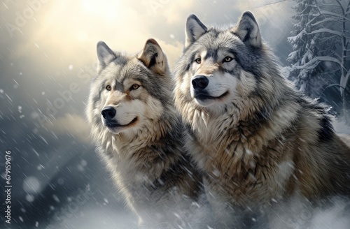 Two beautiful wild arctic wolves in wolf pack in cold snowy winter forest. Couple of gray wolves. Banner with wild animals in nature habitat. Wildlife scene