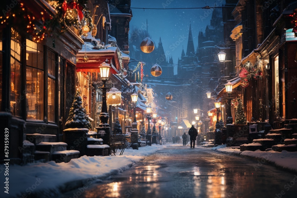 city street in winter, exteriors of houses decorated for Christmas or New Year's holiday, wet, street lights, festive environment