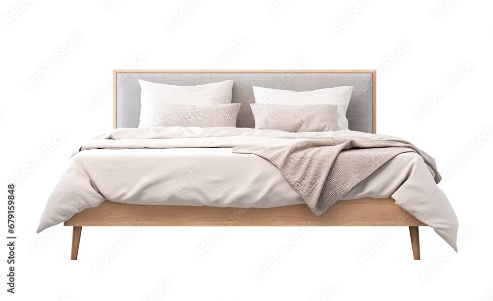 Modern bed with a fabric headboard and wooden frame, adorned with soft white bedding and a textured beige throw. Double bed on transparent background. Cut out furniture. Front view. PNG Modern bed with a fabric headboard and wooden frame, adorned with soft white bedding and a textured beige throw. Double bed on transparent background. Cut out furniture. Front view. PNG