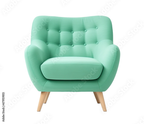 Stylish Scandinavian-style armchair with mint green upholstery, wooden legs, perfect for modern home interior. Lounge chair on transparent background. Cut out furniture. Front view. PNG