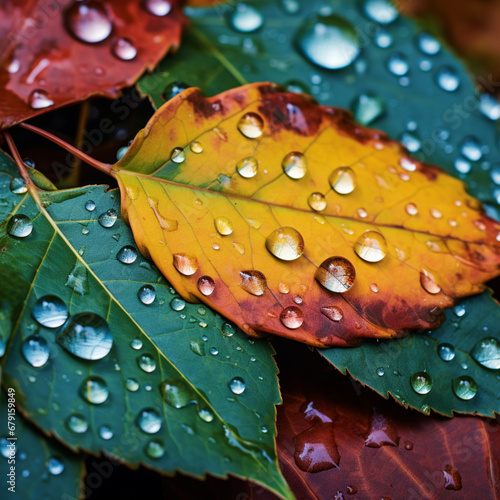 Fotografia de primer plano con detalle y textura de hojas con tonos de otoño y multitud de gotas de frescor