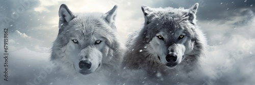 Two beautiful wild arctic wolves in wolf pack in cold snowy winter forest. Couple of gray wolves. Banner or background with wild animals in nature habitat. Wildlife scene