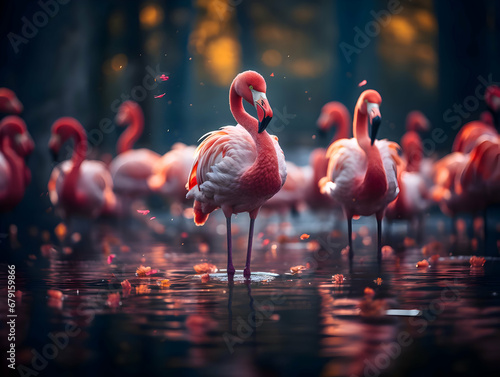 Cinematic photo of flamingos. Pink birds in the lake. High quality © fillmana