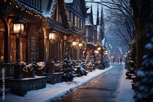 city street in winter, exteriors of houses decorated for Christmas or New Year's holiday, snow, street lights, festive environment © soleg
