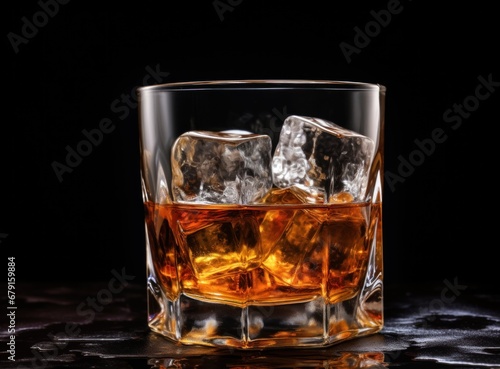 whiskey glass with ice cubes