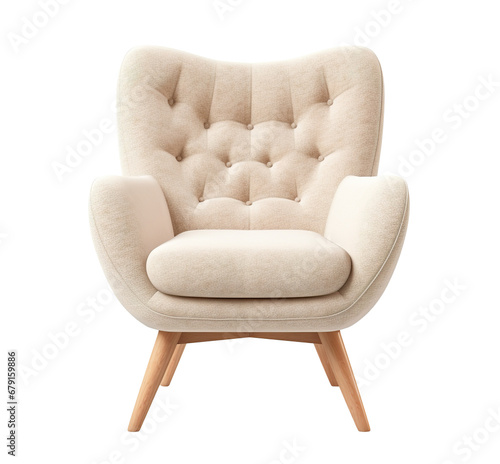 Scandinavian-style armchair with plush, beige upholstery, wooden legs, perfect for modern home interior. Lounge chair on transparent background. Cut out furniture. Front view. PNG photo