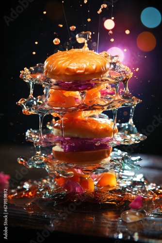 dessert with fruits, bun and cream on a pink background, delicious and sweet food