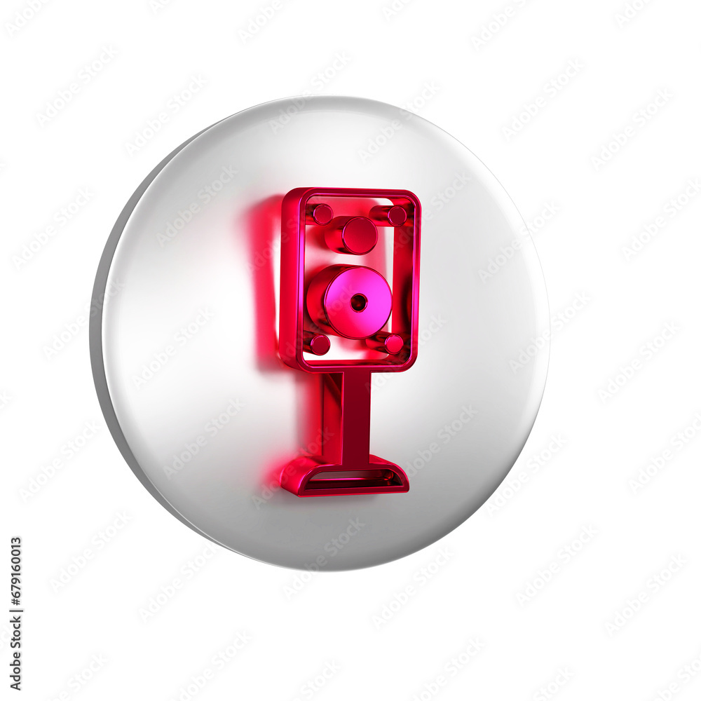 Red Stereo speaker icon isolated on transparent background. Sound system speakers. Music icon. Musical column speaker bass equipment. Silver circle button. Red Stereo speaker icon isolated on transparent background. Sound system speakers. Music icon. Musical column speaker bass equipment. Silver circle button.