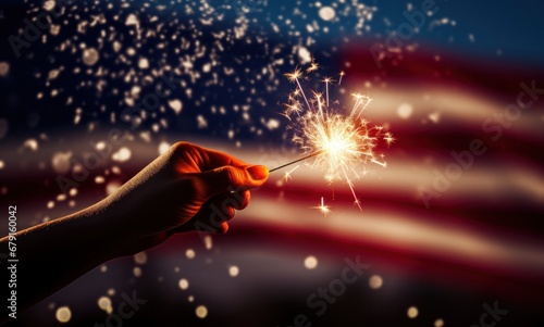 Hand blowing off sparkler with US flag and fireworks