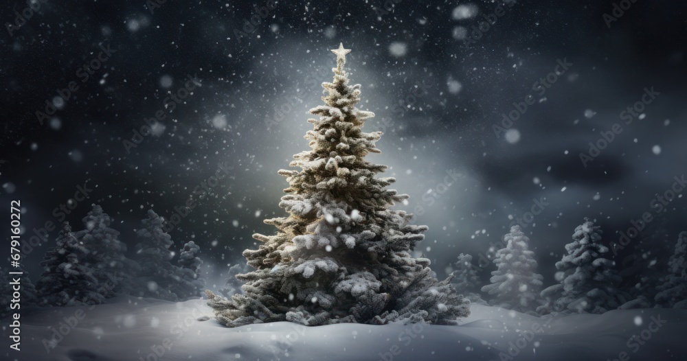 snowy christmas tree in the dark light