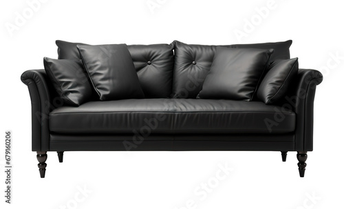 Luxurious black leather sofa with cushions and classic rolled arms, highlighted by elegant wooden legs, front view on transparent background. Cut out furniture. PNG © Kassiopeia 