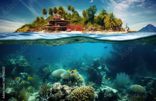 an underwater coconut island over the ocean with corals, fish and coconuts on the surface