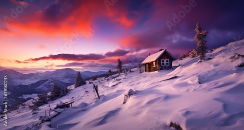 tiny cabin in snowy mountains © olegganko
