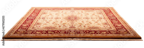 Elegant traditional Persian carpet with intricate red and gold patterns, fringed edges, ideal for classic interiors, on transparent background. Cut out home decor. Front view. PNG