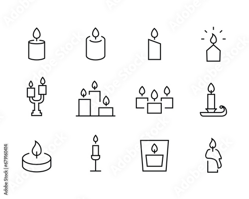 Burning candle icon set. candle light burn wax black thin line icons set, editable stroke isolated on white, linear vector outline illustration, symbol logo design style