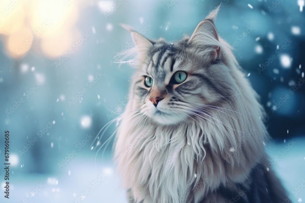 Cute funny fluffy big Siberian cat sitting on blurred snowy winter background. Animal shelter and pet shop concept. Design with cat for poster, banner, card, calendar with copy space