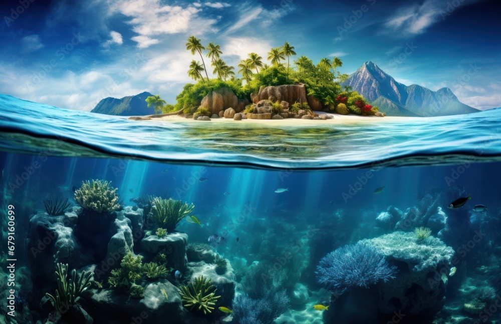 an underwater coconut island over the ocean with corals, fish and coconuts on the surface