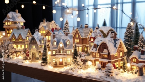 large ornamental village with lights on the table