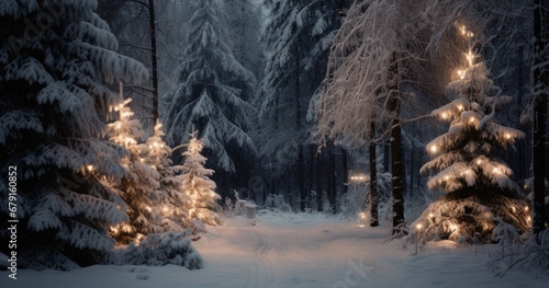 lighted christmas trees in the snow © olegganko