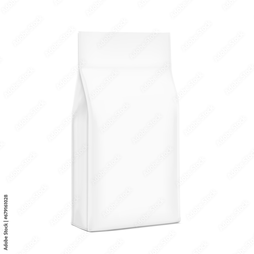 Vertical bag with long tail mockup. Flat bottom gusset bag. Half side view. High realistic vector illustration isolated on white background. Ready for use in presentation, promo, advertising. EPS10. Vertical bag with long tail mockup. Flat bottom gusset bag. Half side view. High realistic vector illustration isolated on white background. Ready for use in presentation, promo, advertising. EPS10.