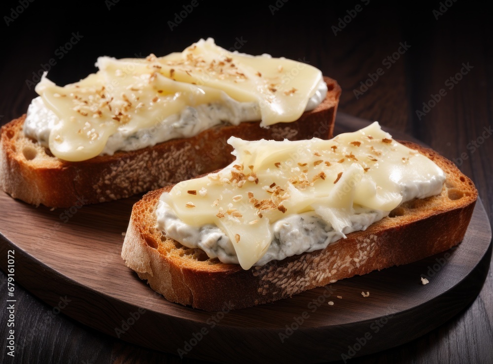tasty cheeses on toasted bread