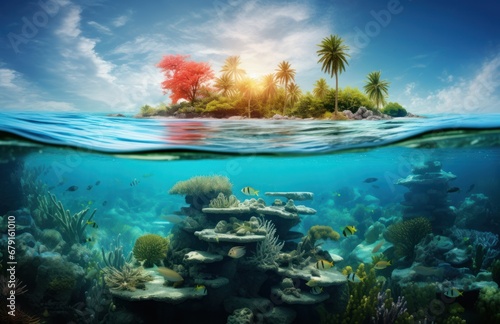 an underwater coconut island over the ocean with corals  fish and coconuts on the surface