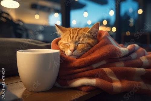 Domestic orange cat wrapped in a blanket with cup of tea. Happy pet has relax. Sick kitten under a blanket drinking hot drink on the sofa. Cozy autumn or winter concept