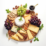 Fotografia con detalle de plato con varios tipos de queso, galletas saladas y fruta, sobre un fondo de color blanco