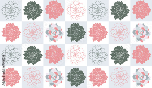 seamless pattern with succulent flowers. echeveria repeating pattern in pastel green and pink. natural botanical plant pattern