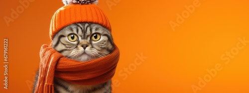 Cute serious tabby cat wearing in orange warm knitted cap and scarf on clear bright background. Banner about pets with copy space. Hello winter concept. Happy New Year and Marry Christmas