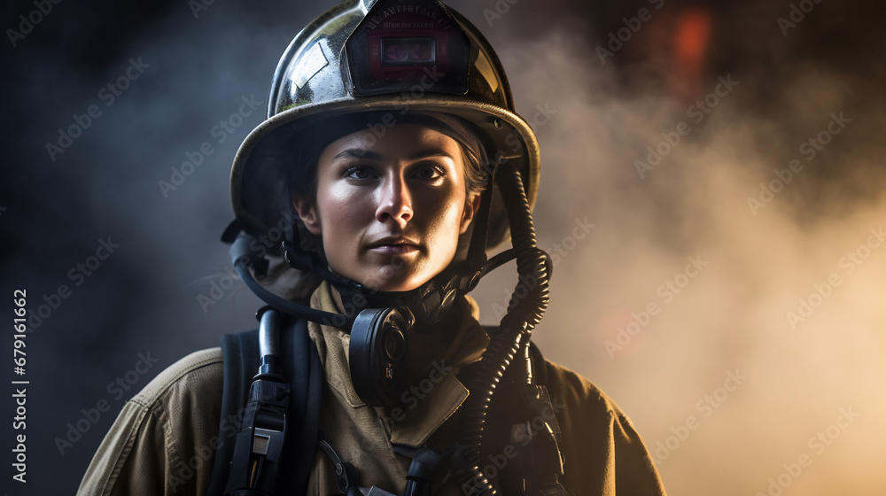 Portrait of female firefighter wearing full equipment and wearing an oxygen mask indoors surrounded by smoke.