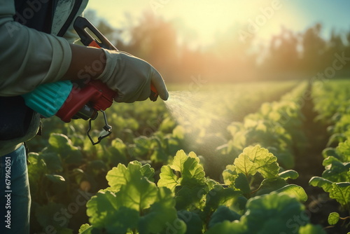 harmer hand spray pesticide on agriculture field © dobok