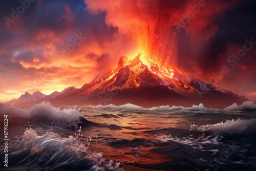 A serene image of a lone iceberg floating in the midst of a sea of molten lava, showcasing the harmony of opposing elements.