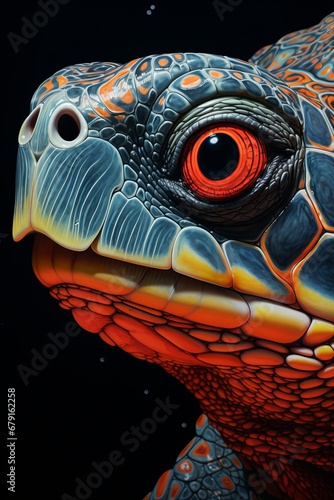 A close-up of a curious sea turtle, with its ancient eyes and patterned shell reflecting resilience and endurance.