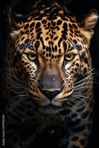 A powerful portrait of a fierce jaguar, with its spotted coat and intense gaze exuding stealth and precision.