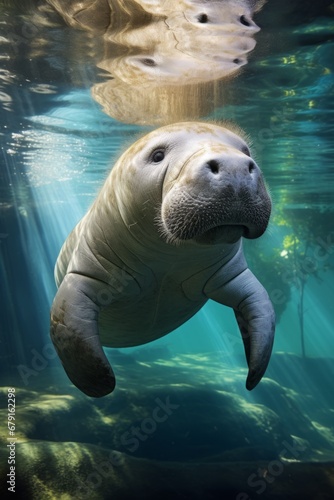 A serene portrait of a gentle manatee, with its docile eyes and wrinkled skin representing grace and tranquility.