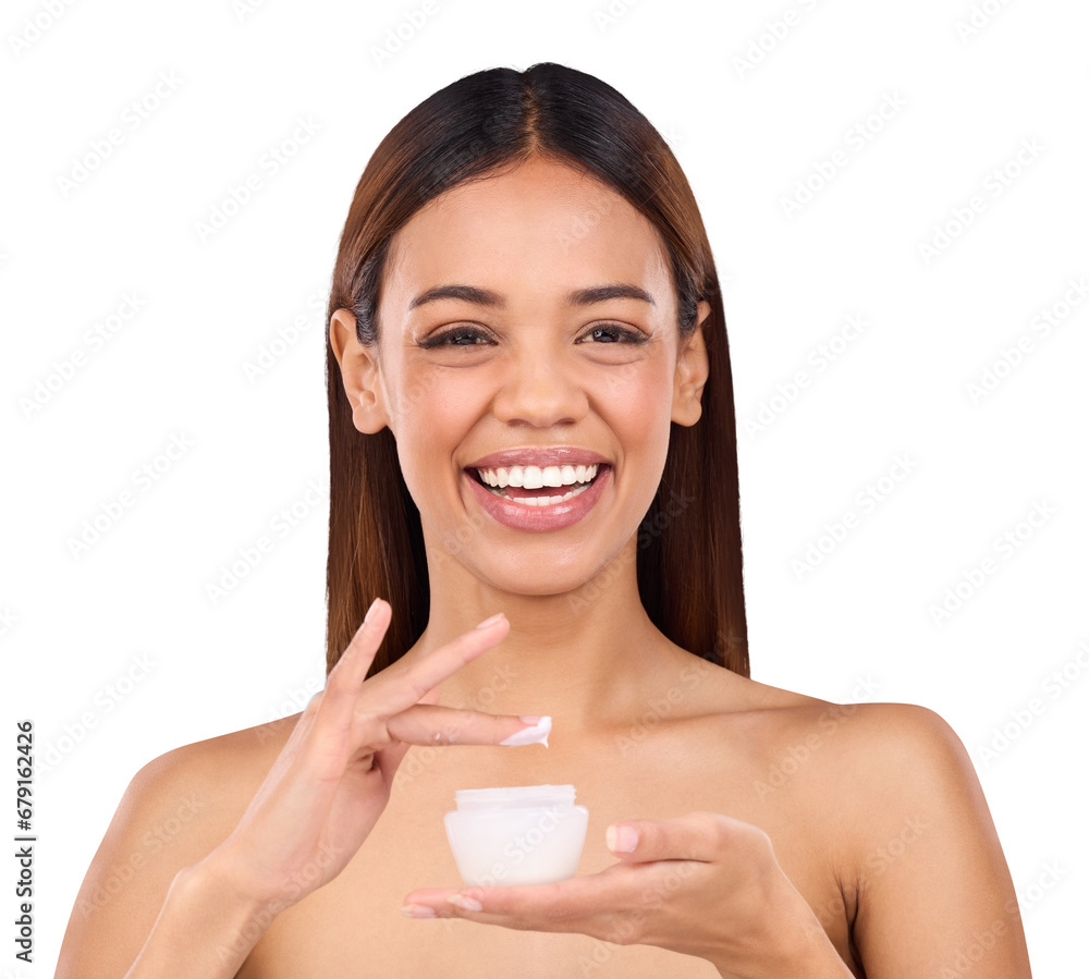 Portrait, smile and woman with cream, cosmetics and skincare isolated on transparent background. Face, person and model with container, moisturizer creme, beauty and shine with glow, png or grooming Portrait, smile and woman with cream, cosmetics and skincare isolated on transparent background. Face, person and model with container, moisturizer creme, beauty and shine with glow, png or grooming