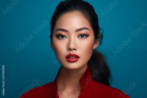 Beautiful asian woman with red lips and eye shadows wears red dress. Portrait on the blue background