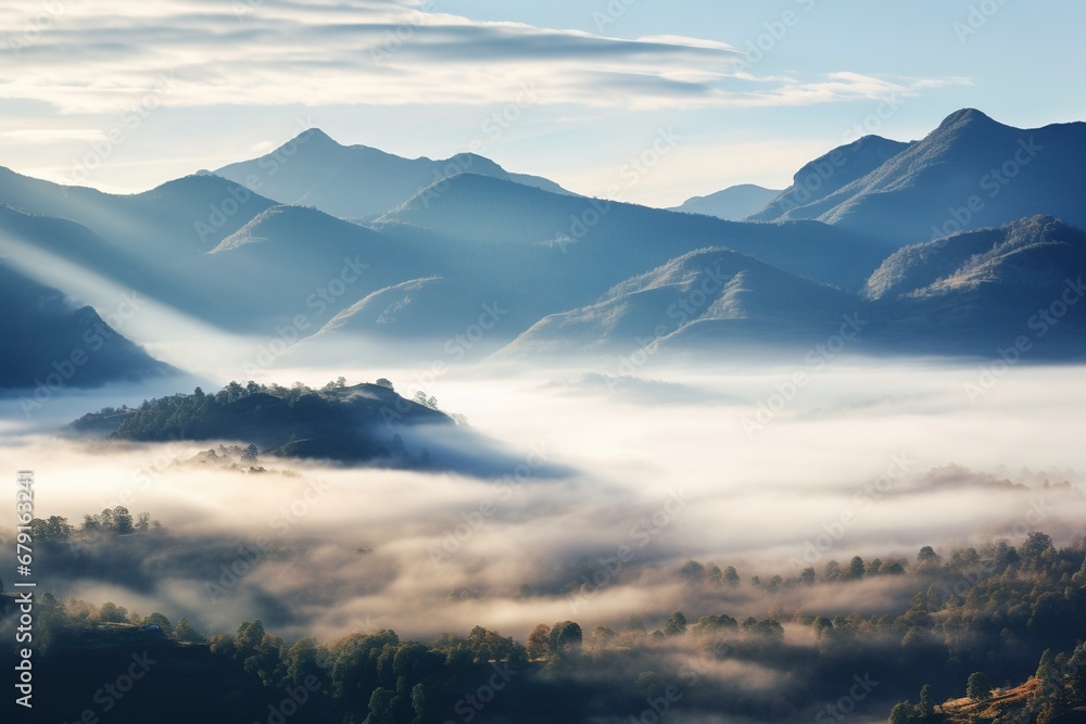 Obraz premium Beautiful landscape of mountains in foggy morning. Beauty in nature.