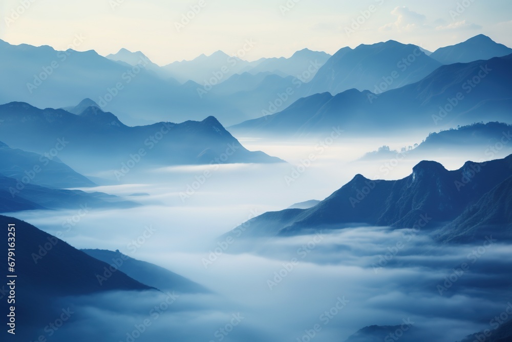 Beautiful landscape of mountains in foggy morning. Beauty in nature.