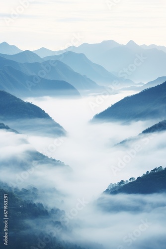 Beautiful landscape of mountains in foggy morning. Beauty in nature.