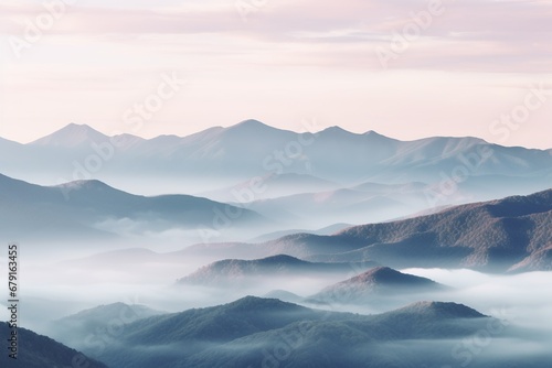 Beautiful landscape of mountains in foggy morning. Beauty in nature. © Rudsaphon