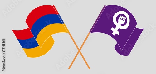 Crossed and waving flags of Armenia and Feminism