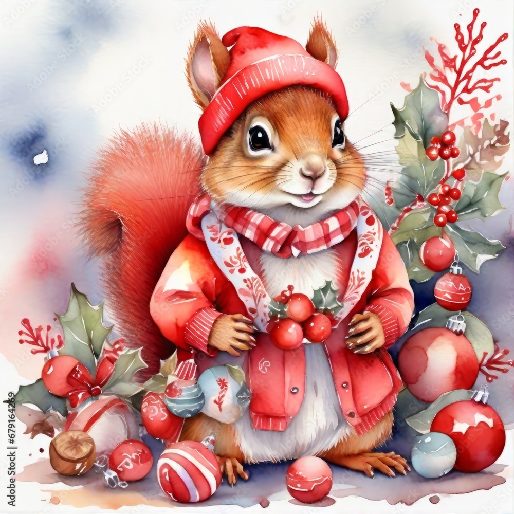Watercolor illustration cute Christmas little squirrel, сlipart enjoyable Christmas, wear celebration red bright clothes with white ornament, high quality with a lot of details on white background. Watercolor illustration cute Christmas little squirrel, сlipart enjoyable Christmas, wear celebration red bright clothes with white ornament, high quality with a lot of details on white background.
